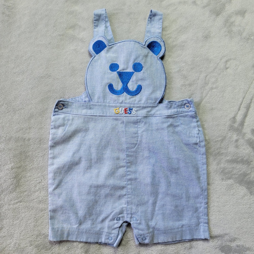 Guess‎ Baby Boy 12M Blue Bear Embroidered Shortall Overalls Chambray Adjustable